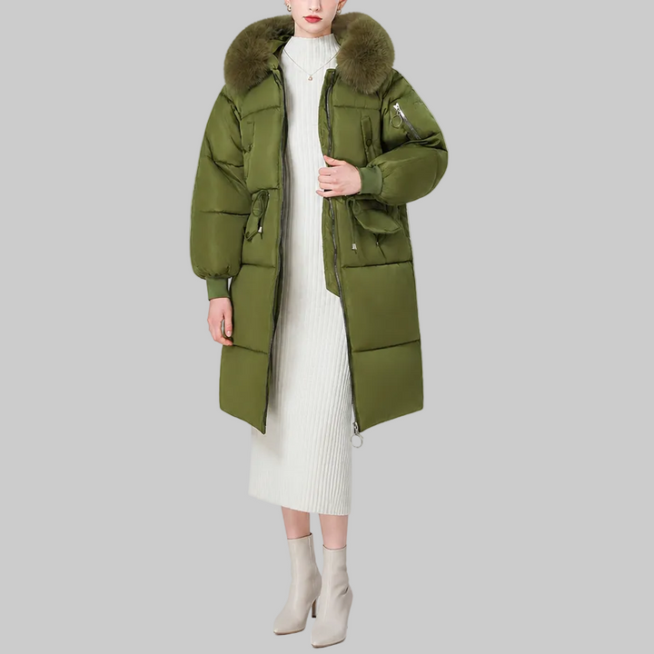 Women's Mid-Length Padded Winter Coat with Faux Fur-Style Hood Trim and Drawstring Waist