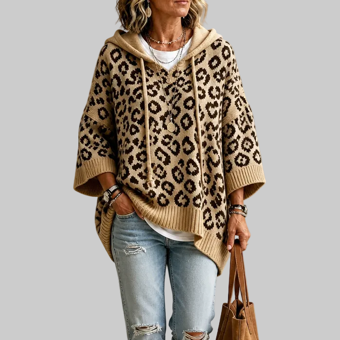 Oversized Leopard-Print Hooded Knit Jumper