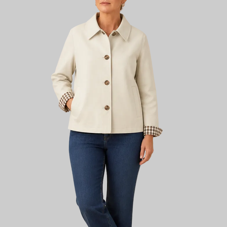 Women's Short Button-Front Coat with Raglan Sleeves and Checked Cuffs
