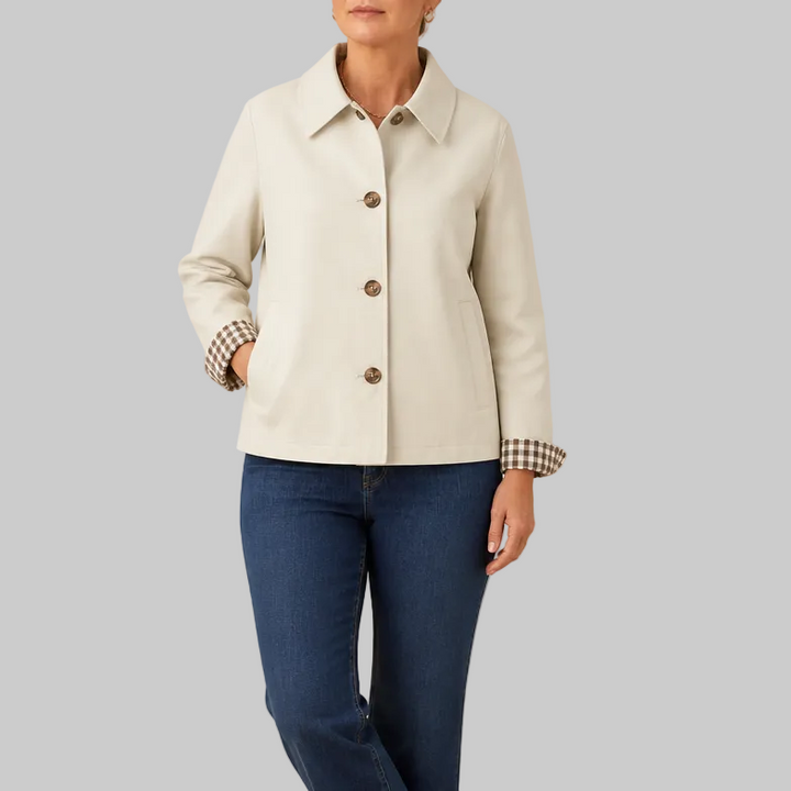 Women's Short Button-Front Coat with Raglan Sleeves and Checked Cuffs
