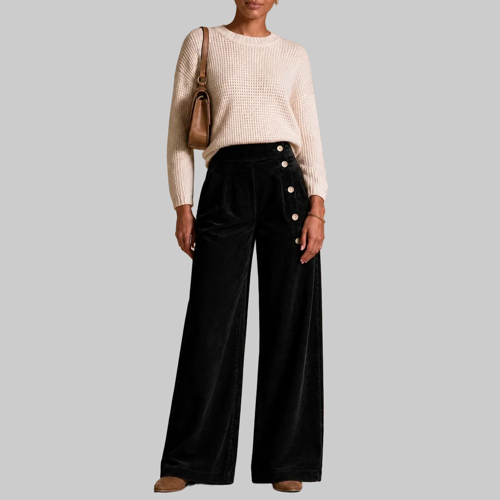 Women's Corduroy Asymmetrical Button-Front Pleated Wide-Leg Trousers