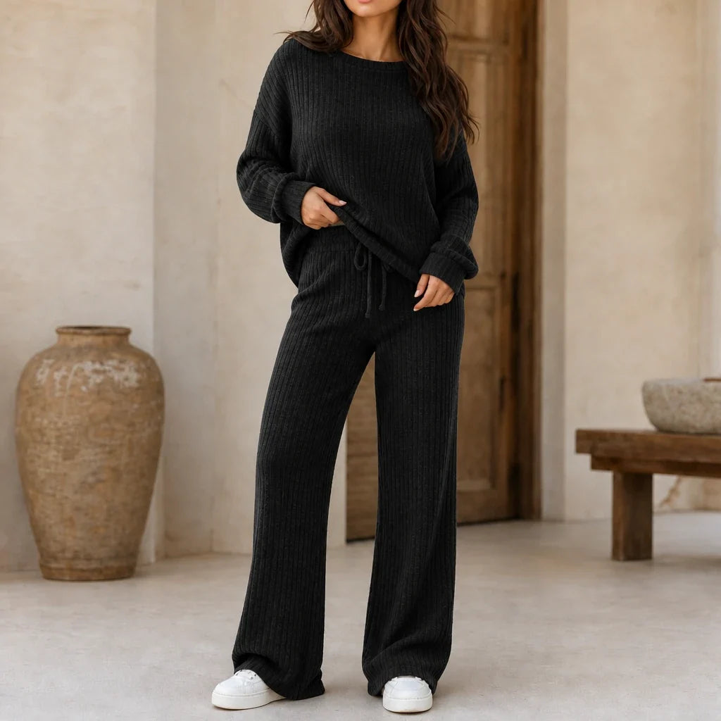 Women's Ribbed Knit Drop-Shoulder Jumper and Wide-Leg Trouser Set - Black