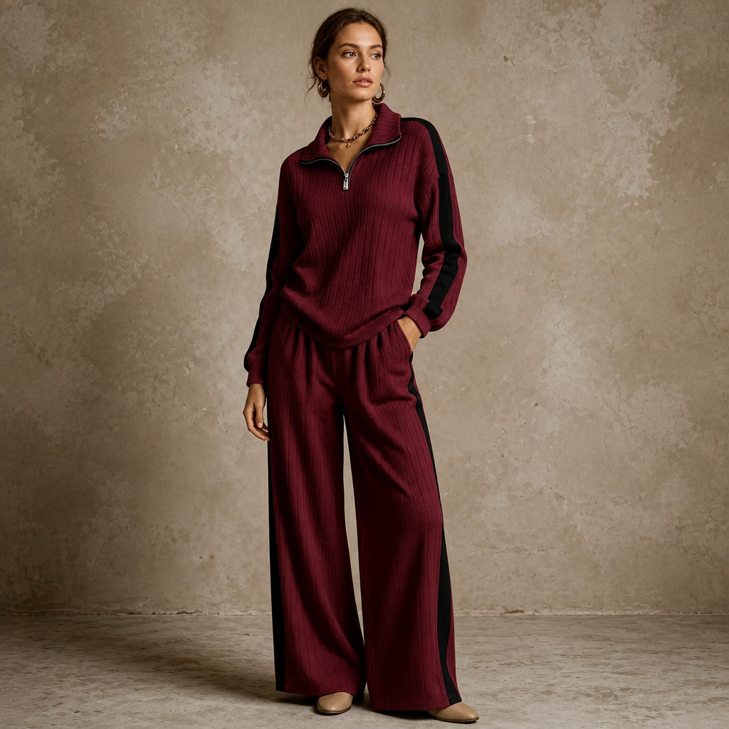 Women's Ribbed Half-Zip Wide-Leg Lounge Set - Red