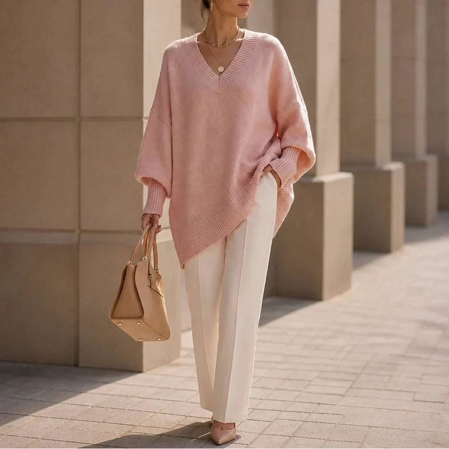 Women's Oversized V-Neck Knit Jumper - Pink