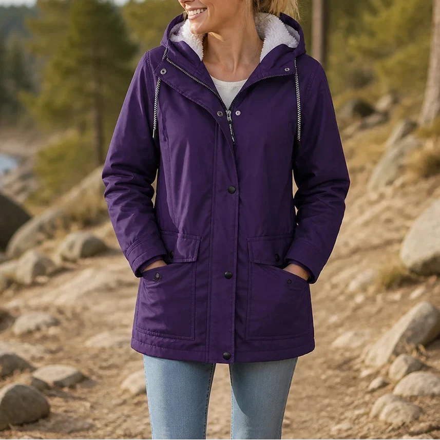 Women's Fleece-Lined Hooded Winter Jacket - Purple