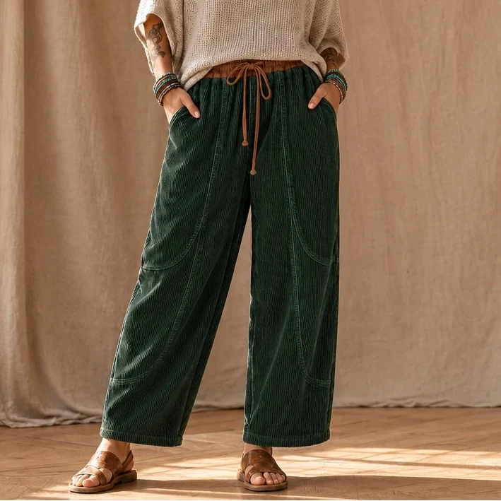 Women's Ribbed Corduroy-Look Lantern Trousers - DarkGreen
