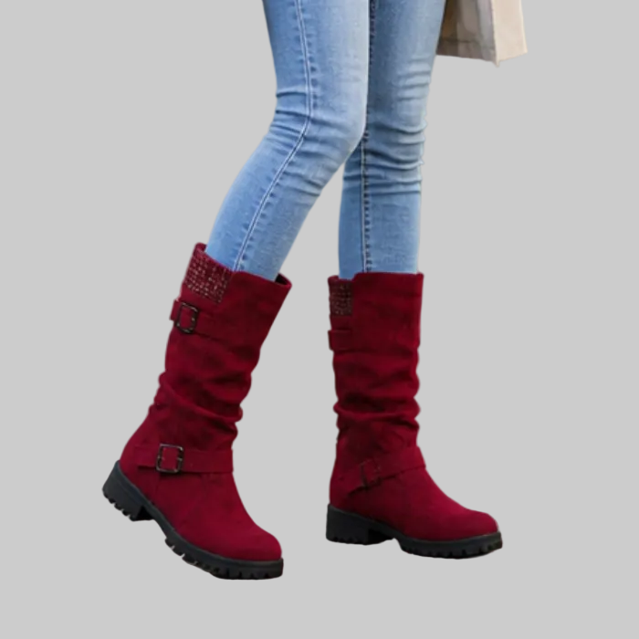 Slouch Mid-Calf Boots with Ribbed Knit Cuff and Treaded Sole