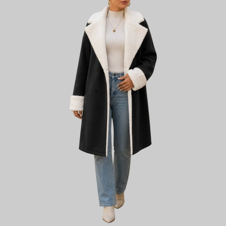 Women's Longline Polyester Coat with Plush Collar and Cuffs