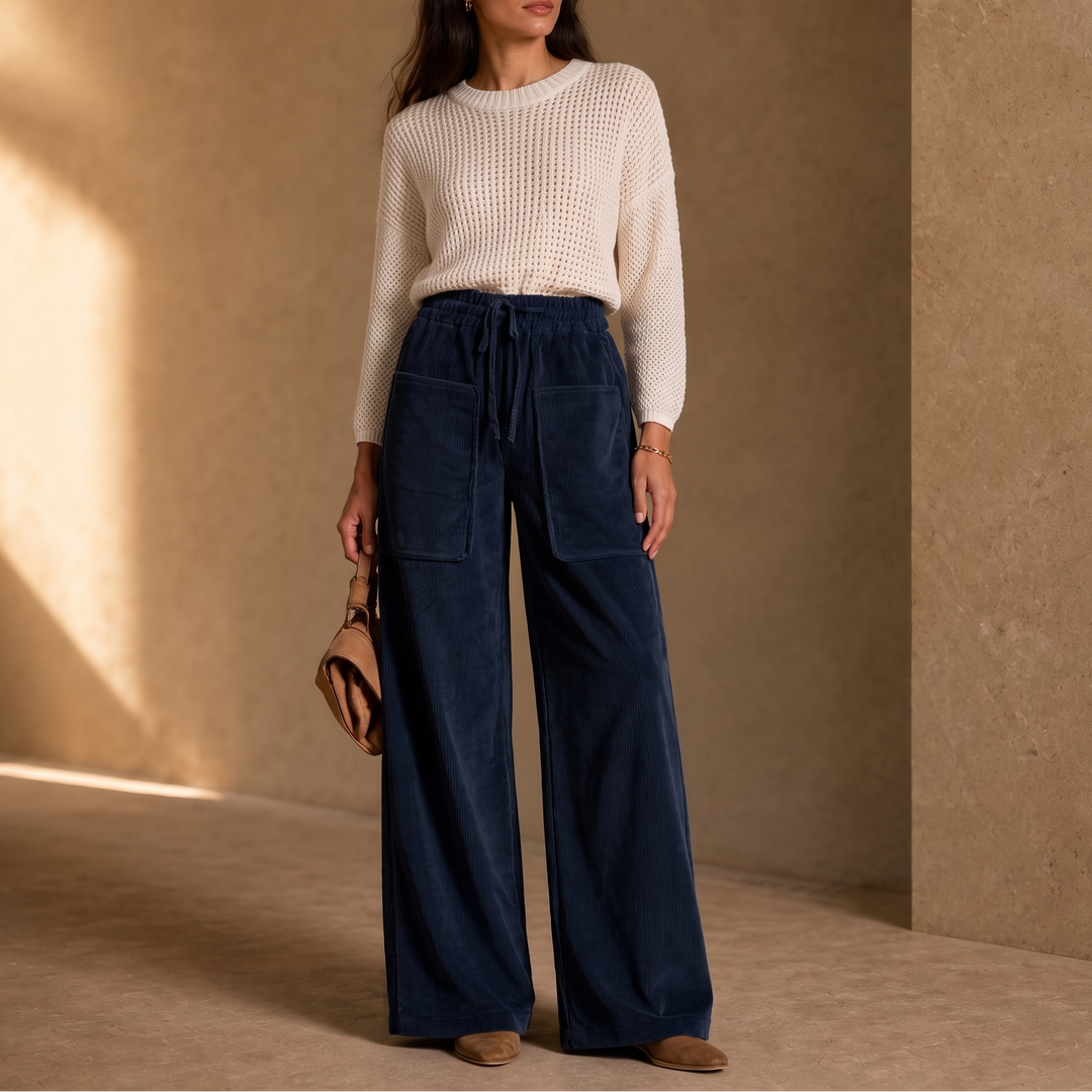 Women's Ribbed Corduroy Wide-Leg Trousers - Navy