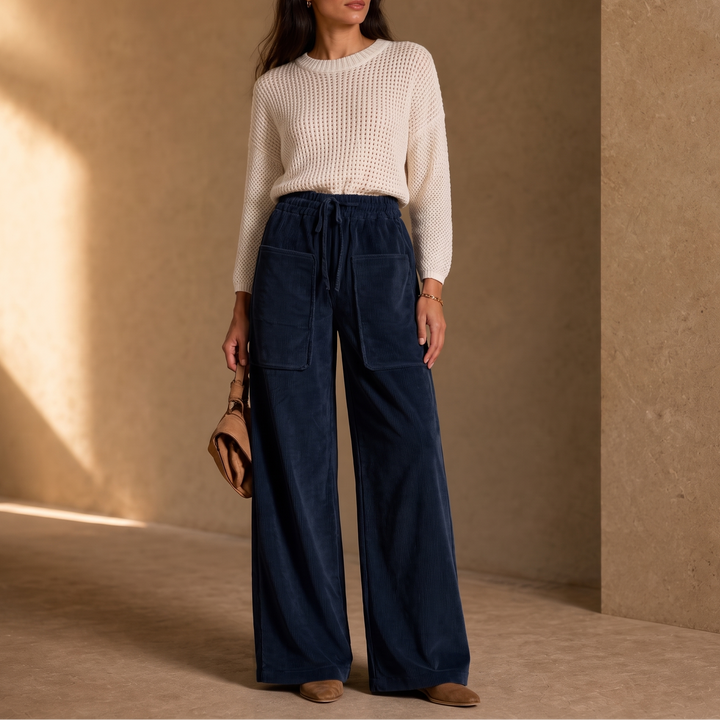 Women's Ribbed Corduroy Wide-Leg Trousers - Navy