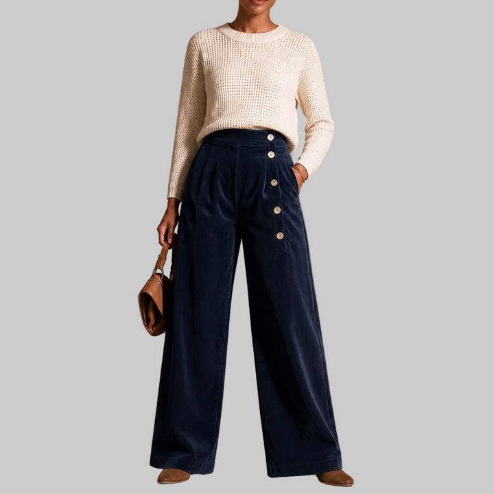 Women's Corduroy Asymmetrical Button-Front Pleated Wide-Leg Trousers