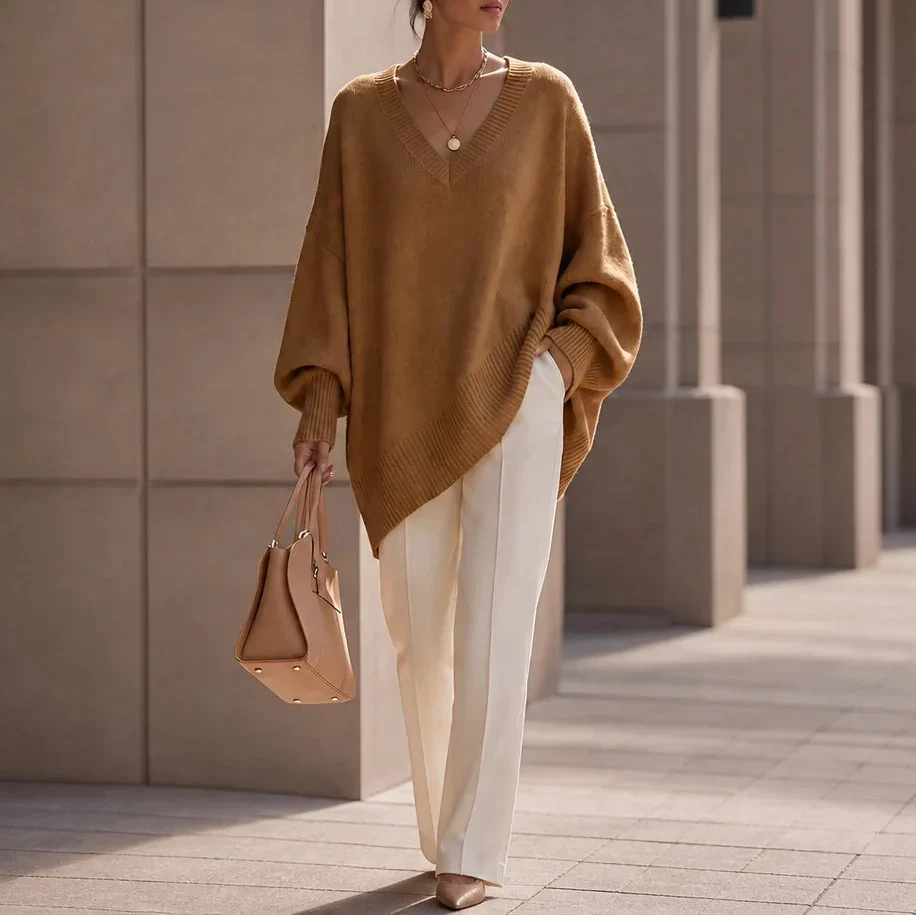 Women's Oversized V-Neck Knit Jumper - Apricot