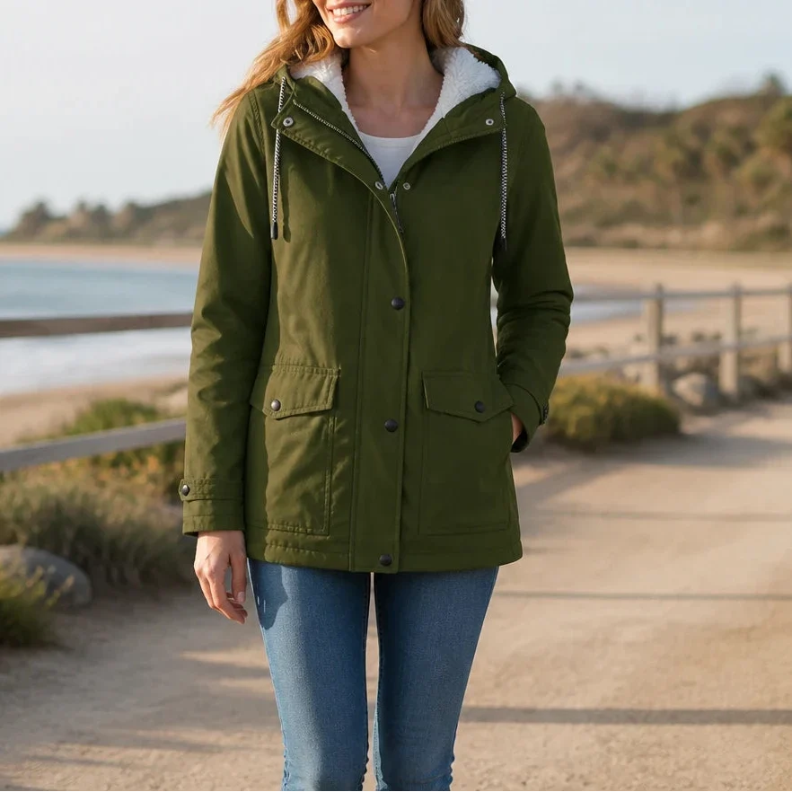 Women's Fleece-Lined Hooded Winter Jacket - Military Green