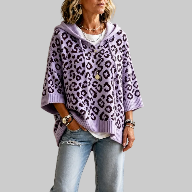 Oversized Leopard-Print Hooded Knit Jumper