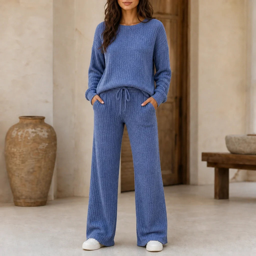 Women's Ribbed Knit Drop-Shoulder Jumper and Wide-Leg Trouser Set - Blue