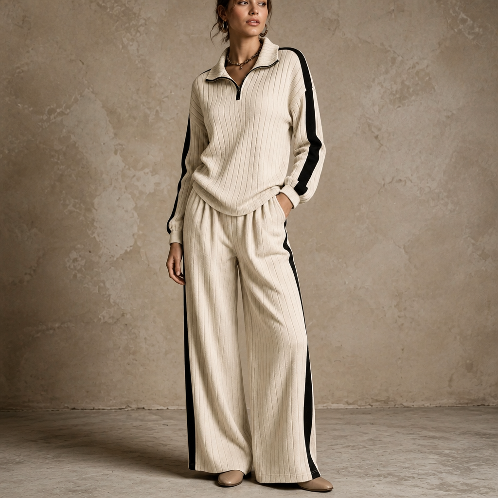 Women's Ribbed Half-Zip Wide-Leg Lounge Set - Cream
