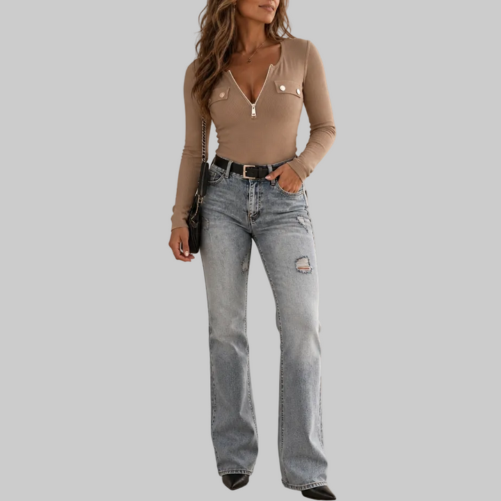 Ribbed Half-Zip Notched-Collar Knit Top