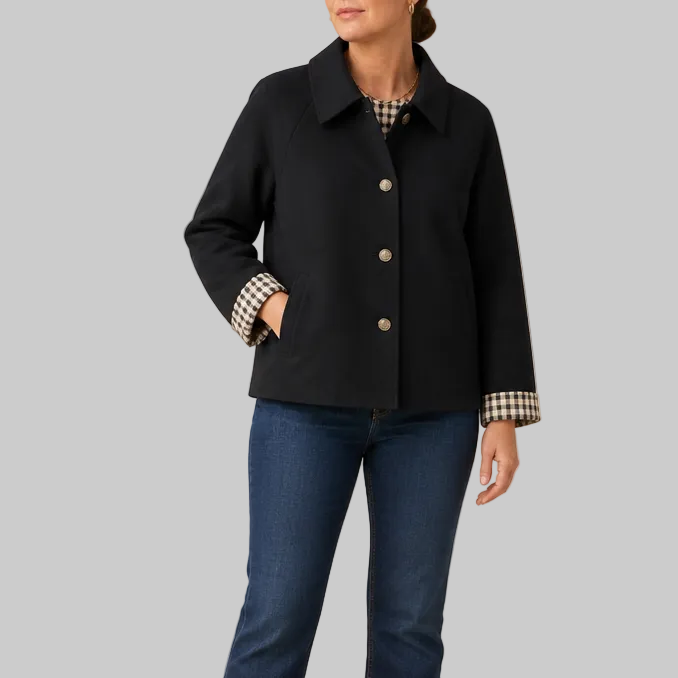 Women's Short Button-Front Coat with Raglan Sleeves and Checked Cuffs