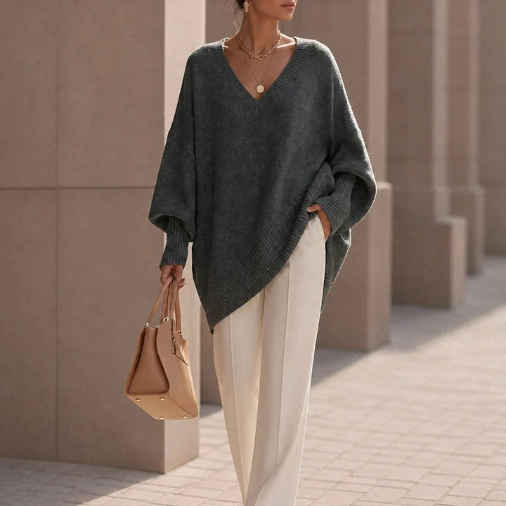 Women's Oversized V-Neck Knit Jumper - Dark gray