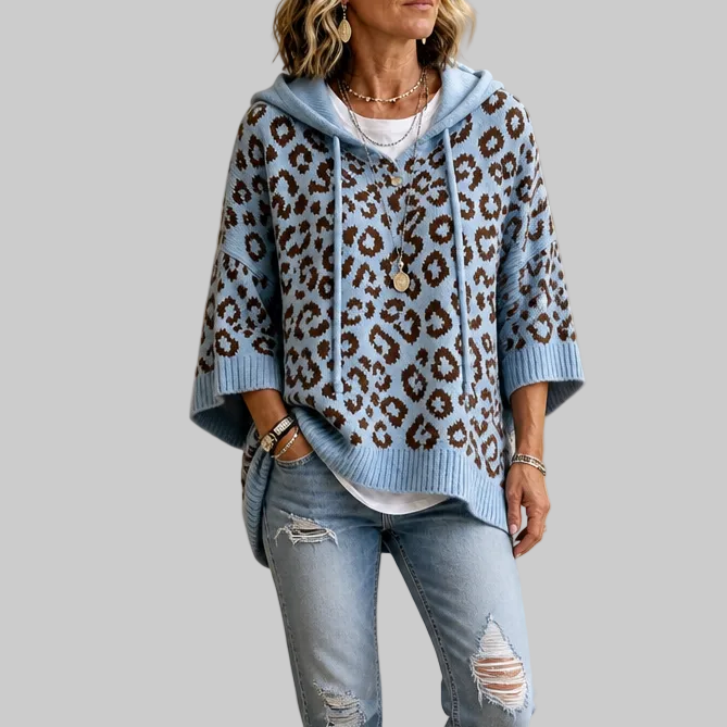 Oversized Leopard-Print Hooded Knit Jumper