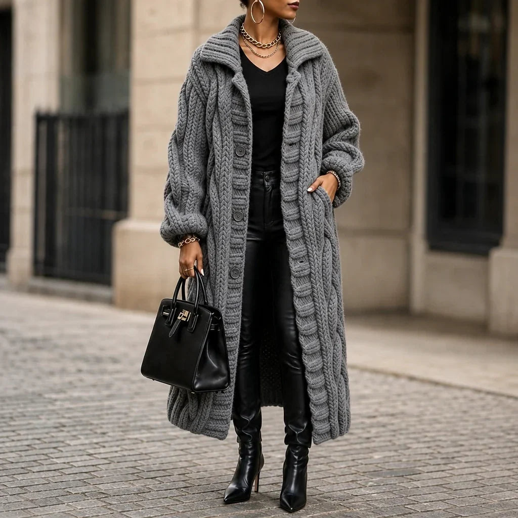 Women's Oversized Cable-Knit Longline Cardigan - Grey