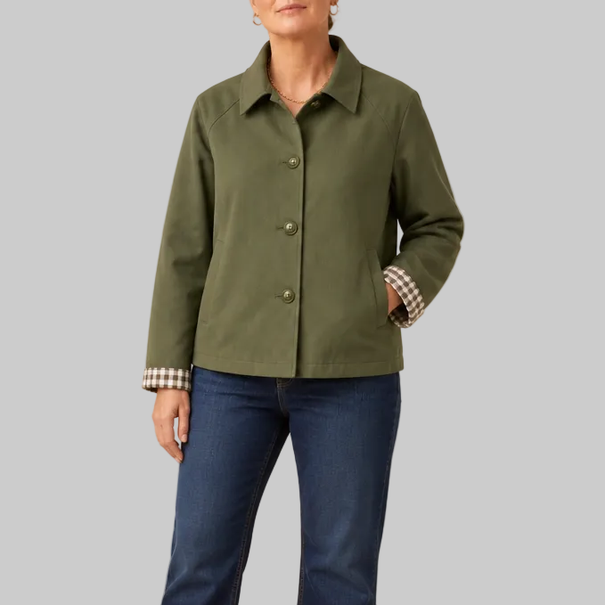 Women's Short Button-Front Coat with Raglan Sleeves and Checked Cuffs