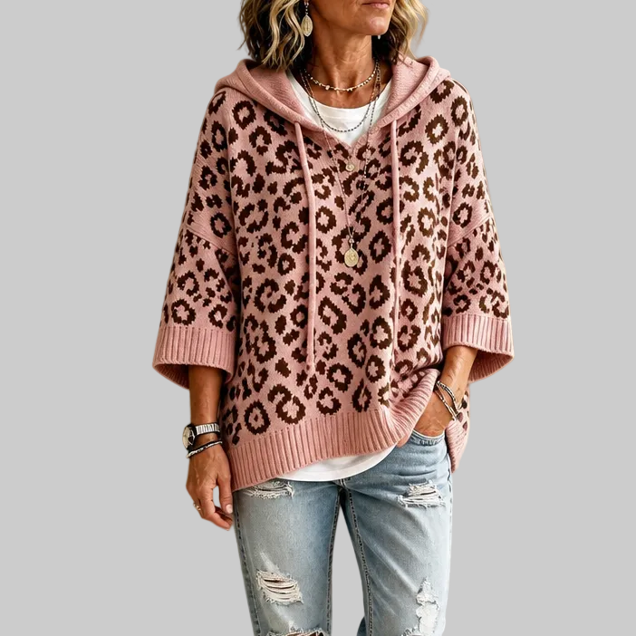 Oversized Leopard-Print Hooded Knit Jumper