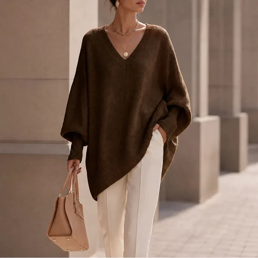 Women's Oversized V-Neck Knit Jumper - Coffee