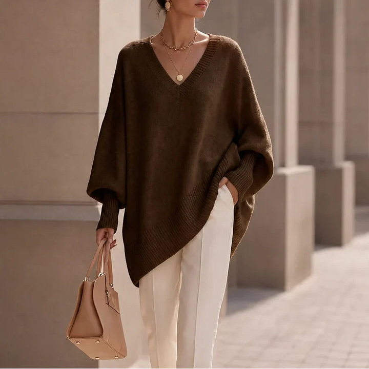 Women's Oversized V-Neck Knit Jumper - Coffee