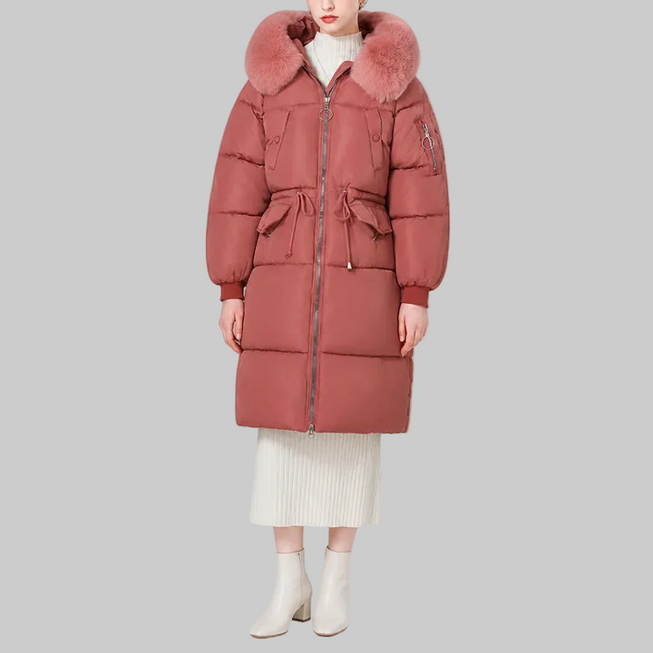 Women's Mid-Length Padded Winter Coat with Faux Fur-Style Hood Trim and Drawstring Waist