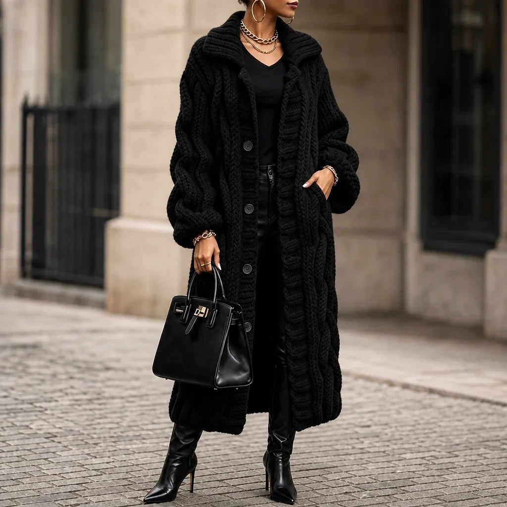Women's Oversized Cable-Knit Longline Cardigan - Black