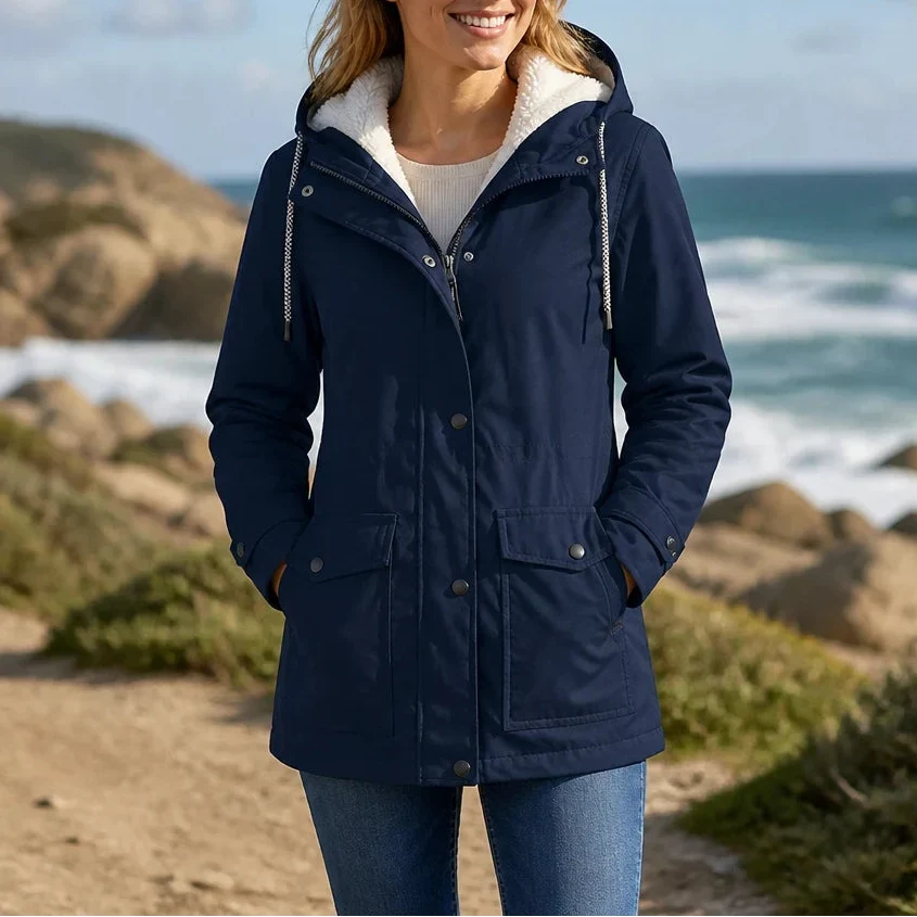 Women's Fleece-Lined Hooded Winter Jacket - Navy