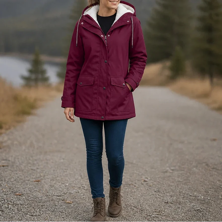 Women's Fleece-Lined Hooded Winter Jacket - Burgundy