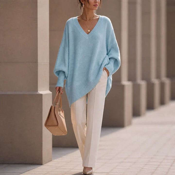 Women's Oversized V-Neck Knit Jumper - Sky Blue