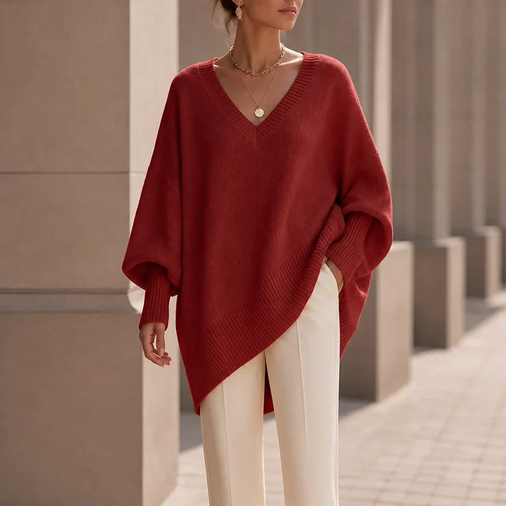 Women's Oversized V-Neck Knit Jumper - Burgundy
