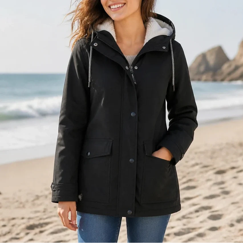 Women's Fleece-Lined Hooded Winter Jacket - Black
