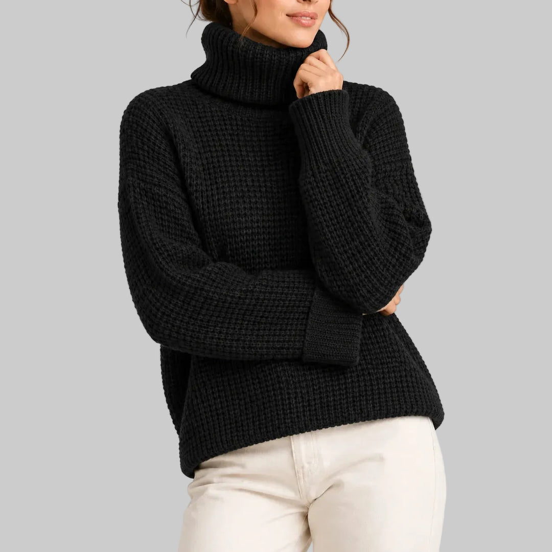 Women's Oversized Waffle Knit Roll Neck Jumper with Wide Sleeves