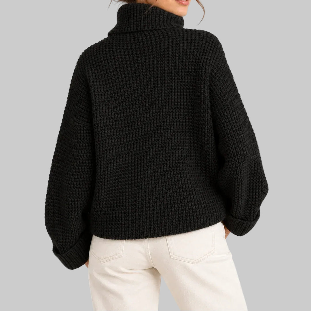 Women's Oversized Waffle Knit Roll Neck Jumper with Wide Sleeves