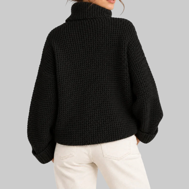 Women's Oversized Waffle Knit Roll Neck Jumper with Wide Sleeves