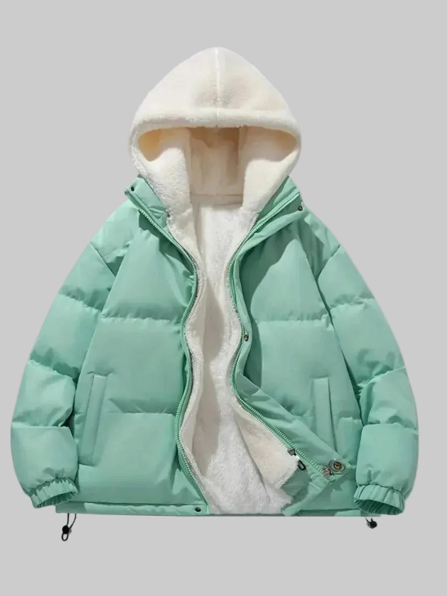 Women's Quilted Puffer Jacket with Sherpa-Lined Hood and Zip Front