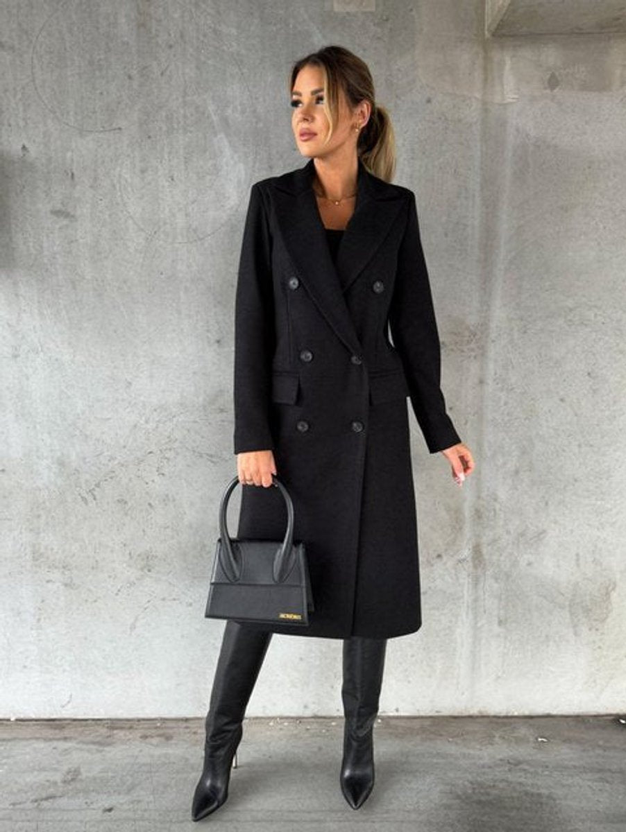 Women's Double-Breasted Longline Overcoat - Black
