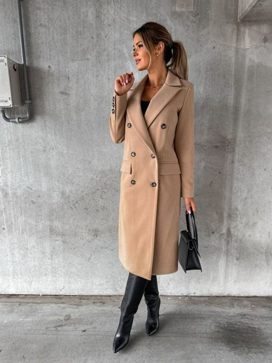 Women's Double-Breasted Longline Overcoat - Khaki