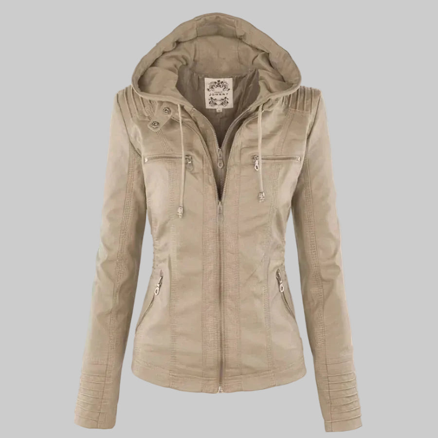 Women's Fitted Leather-Look Jacket with Front Zip and Zipped Pockets