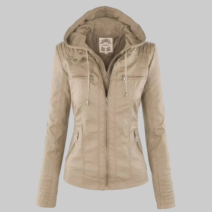 Women's Fitted Leather-Look Jacket with Front Zip and Zipped Pockets