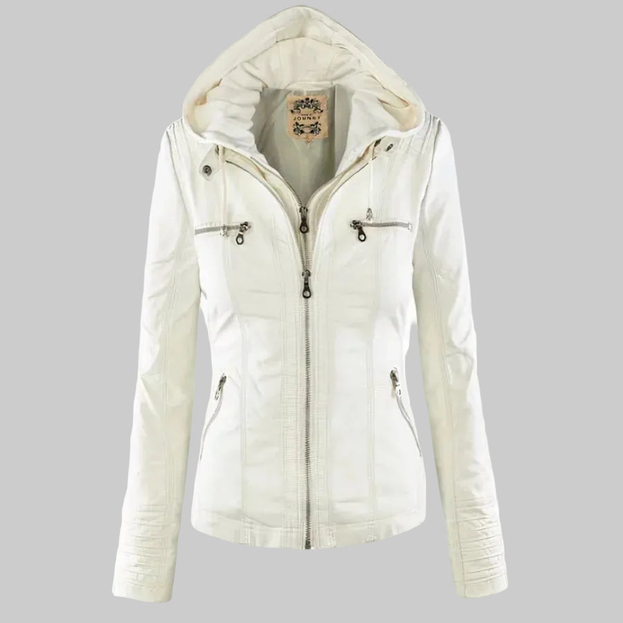 Women's Fitted Leather-Look Jacket with Front Zip and Zipped Pockets