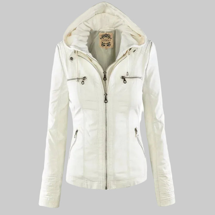 Women's Fitted Leather-Look Jacket with Front Zip and Zipped Pockets