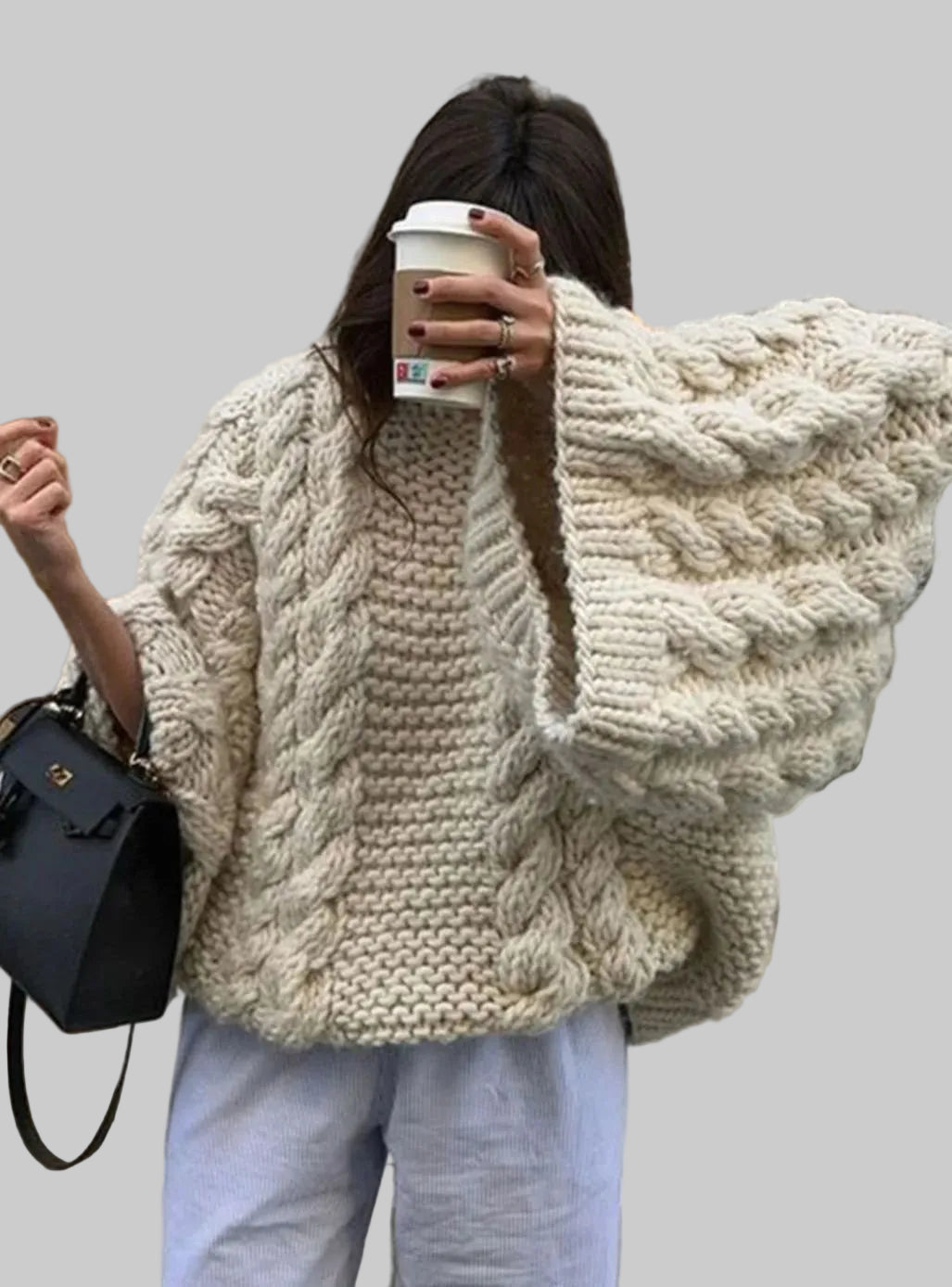 Women's Oversized Chunky Cable Knit Jumper with Drop Shoulders
