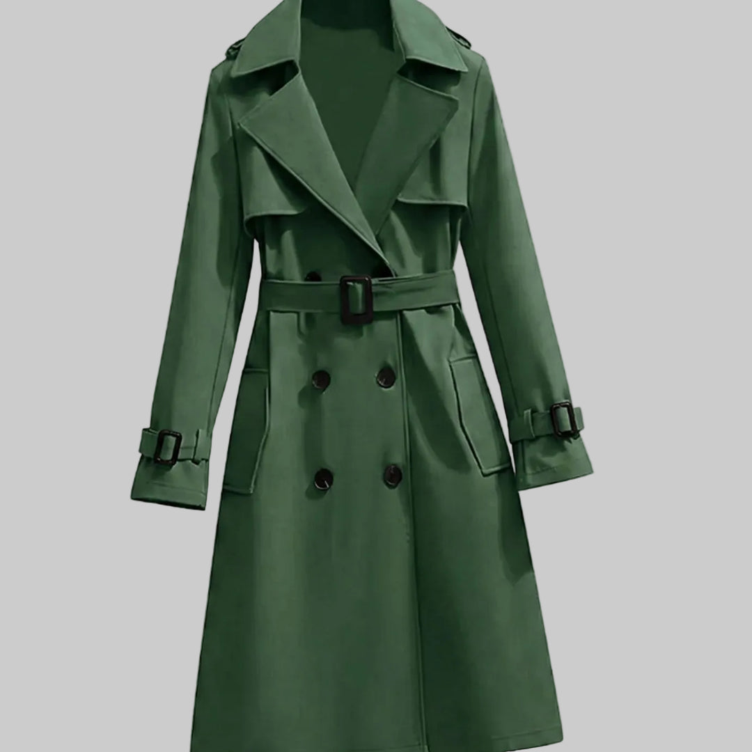 Women's Longline Double-Breasted Polyester Coat with Belt and Notched Lapels