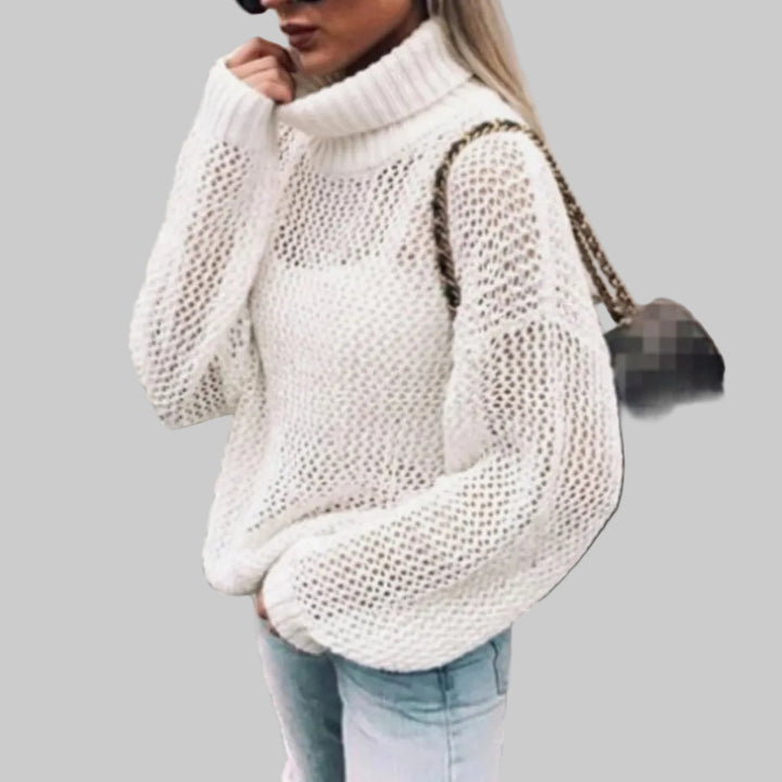 Women's Oversized Chunky Knit Roll Neck Jumper with Balloon Sleeves