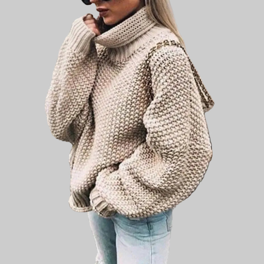 Women's Oversized Chunky Knit Roll Neck Jumper with Balloon Sleeves